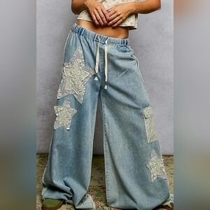 #1087 POL Star Patch Wide-Leg Denim Lounge Pants